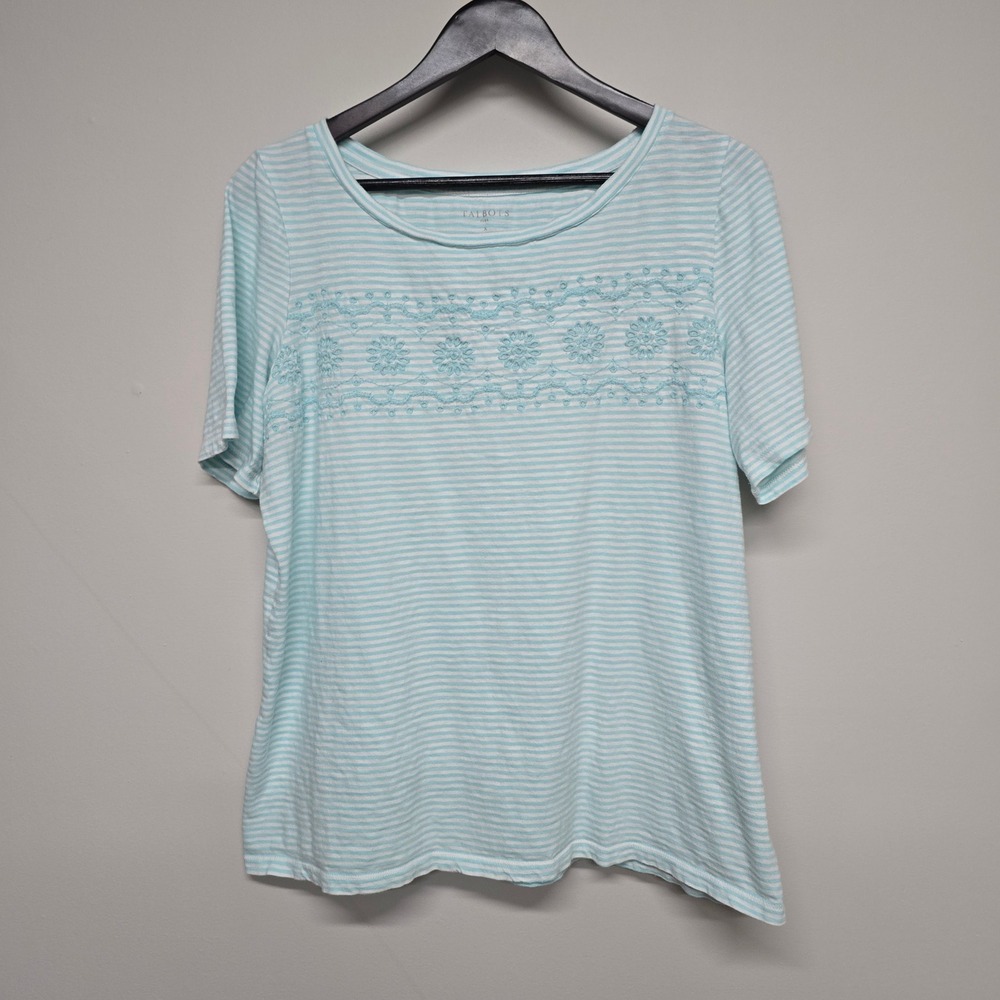 Talbots Plus Size X Blue Striped Cotton Embroidered Short Sleeve Tee Preppy